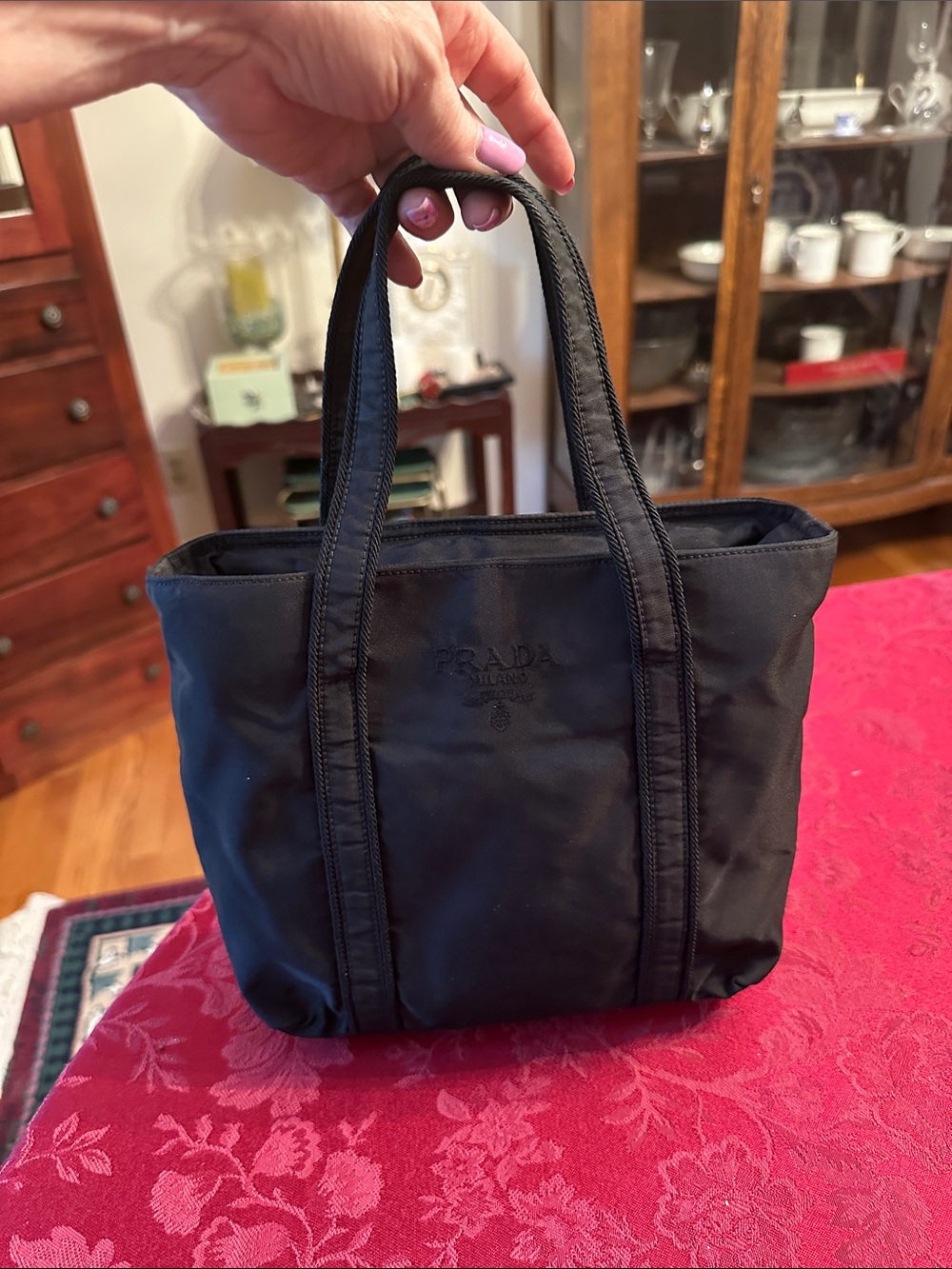 Prada Black Nylon Small Woven Logo Tote